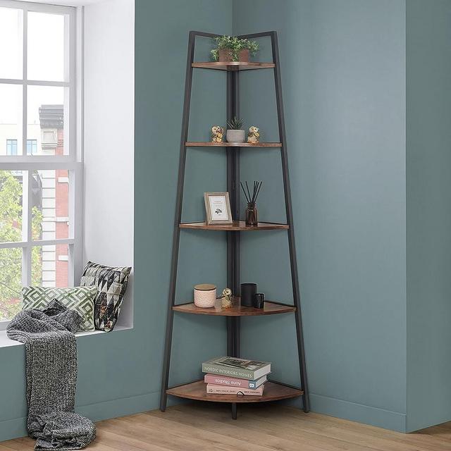 CAPHAUS Tall Corner Shelf Stand, 5-Tier Display Shelves, Ladder Corner Wood Storage Plant Bookshelf with Metal Frame, Versatile Shelving Unit Bookcase for Home Office Space, Rustic Oak