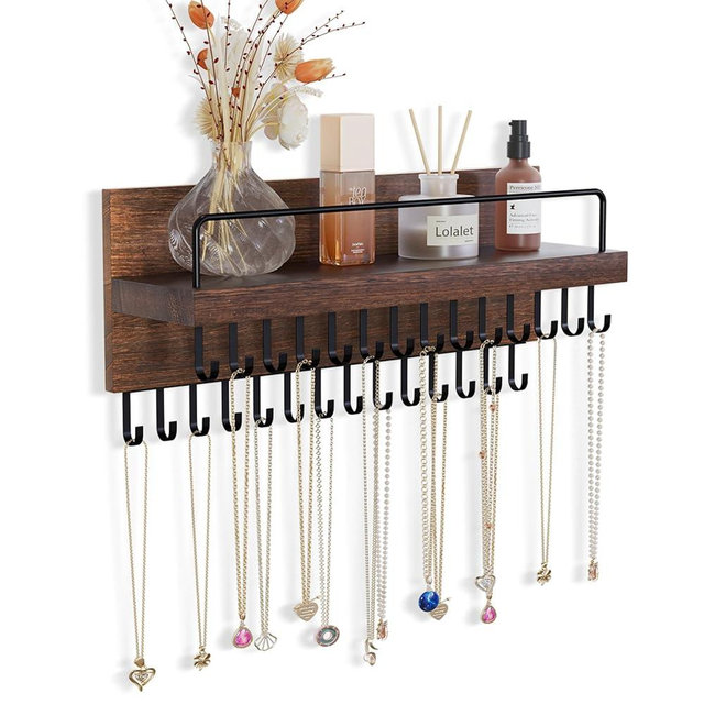 Lolalet Necklace Holder Hanging Necklace Organizer Wall Mounted Jewelry Organizer with 28 Hooks and Perfume Shelf, Wood Necklace Hanger Rack for Bracelets -Brown
