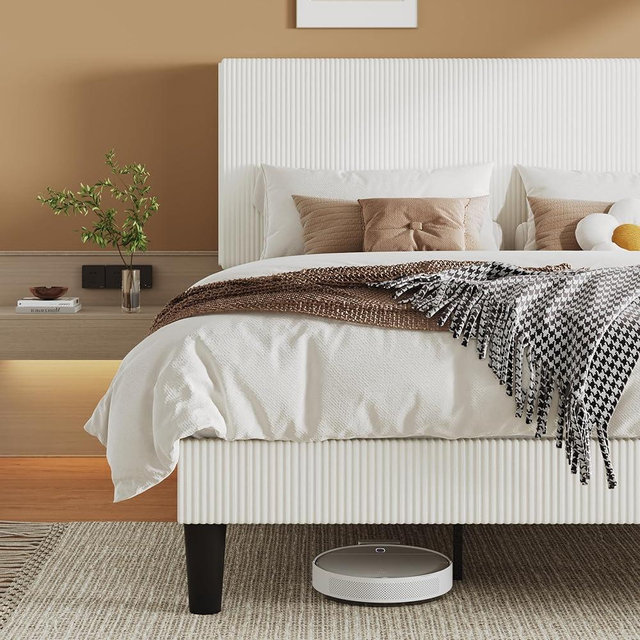 Allewie King Size Upholstered Bed Frame with Vertical Channel Tufted Headboard, Soft Corduroy Fabric Platform Bed, Strong Wooden Slats Support, Easy Assembly, No Box Spring Needed, White