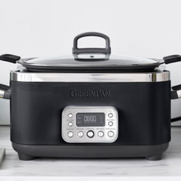 GreenPan Elite 14-in-1 Nonstick 6QT Electric Slow Cooker, PFAS-Free Ceramic Multi-Cooker, In-Pot Browning, Dishwasher Safe Lid & Removable Crock, Stainless Steel Steamer, Silicone Handles, Black