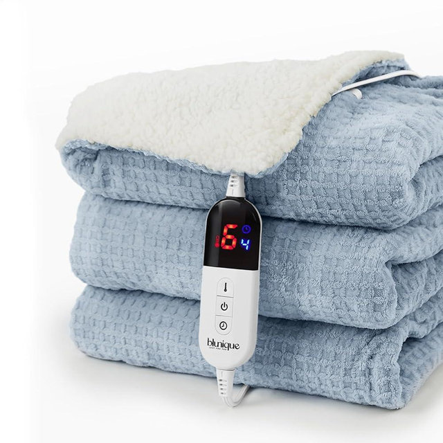 blunique Heated Blanket Electric Throw Waffle, 50x60 Inches Sherpa Fleece Fast Heating Blanket 6 Heating Levels & 4 Hours Auto Off ETL Certification,Haze Blue Throw