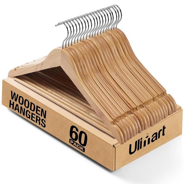 Ulimart Wooden Hangers 60 Pack,Wood Hangers,Solid Shirt Hangers with Pants Bar,Heavy Duty & Slim Coat Hanger,for Suit Coat Jacket Pants（Natural）