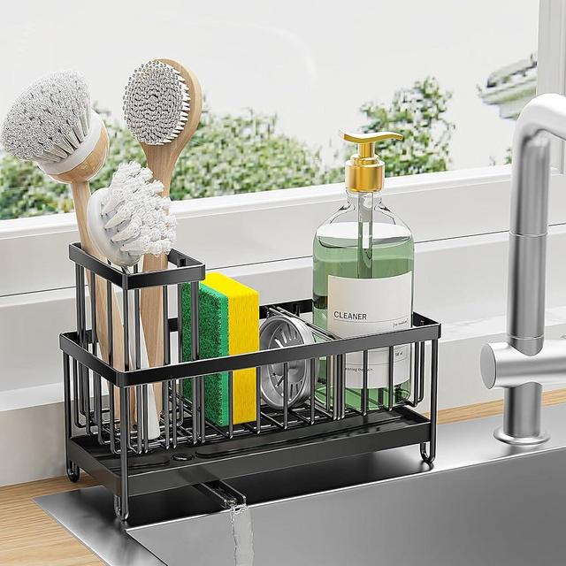 Cisily Sponge Holder for Kitchen Sink, Kitchen Sink Caddy with High Brush Holder, Kitchen Sink Organzier Rustproof 304 Stainless Steel Dish Sponge Organizer with Divider, Dish Soap Dispenser Storage