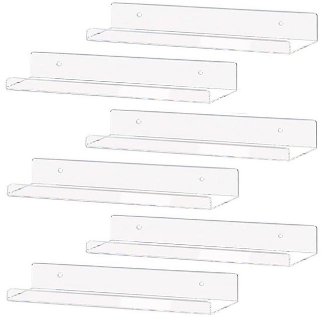 Weiai Clear Acrylic Shelf 15" Invisible Floating Wall Ledge Bookshelf, Kids Book Display Shelves Wall Mounted (15 Inch 6Pack)