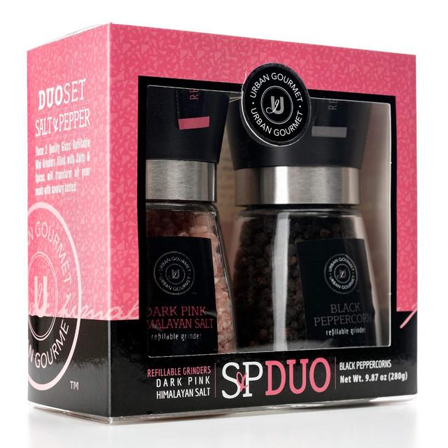 URBAN GOURMET Spice Mill Grinder Gift Set Box Pink Himalayan Salt 7.05oz and Black Peppercorns 2.82oz