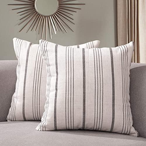 Sunlit Decorative Throw Pillow Case Cushion Covers, Modern Accent Square Pillow Case Cover, 18" x 18", Set of 2 White with Gray Stripes Textured Linen Throw Pillow Case for Sofa Couch Chair Bedroom