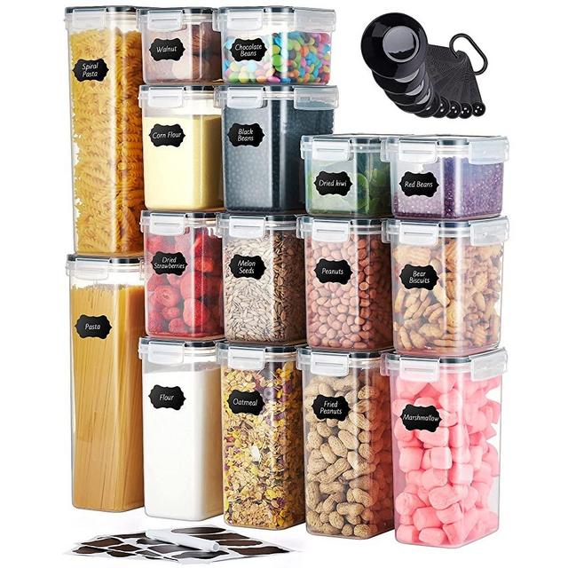 Kootek Cereal Containers Storage Set, 16 Pcs Pantry Kitchen Organization and Storage Airtight Food Storage Container, Plastic Leakproof 25.2L with Pen, Chalkboard Labels, Measuring Spoon Set