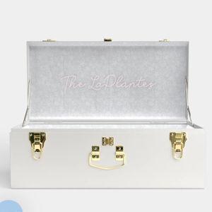 White Petite Bridal Trunk - fabric: bridal blooms, personalized font: haven (The LaPlantes), thread color: baby pink