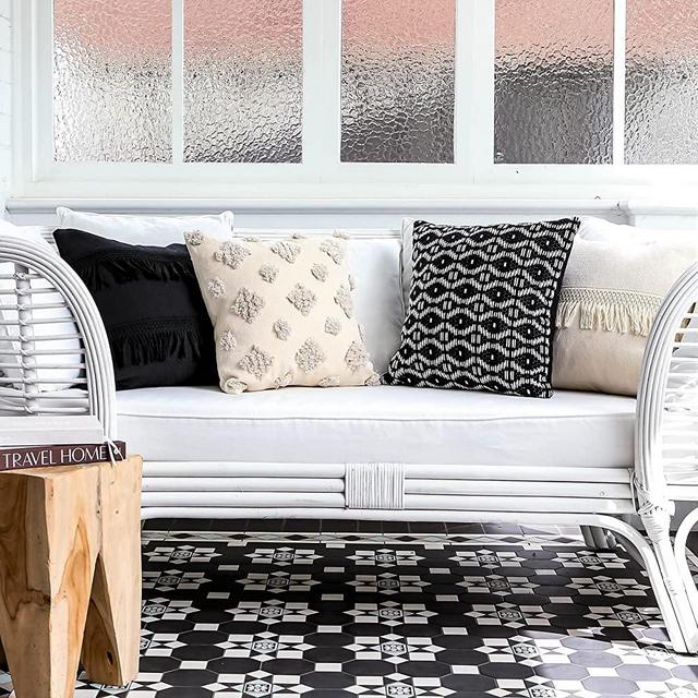 Inspired Ivory Decorative Boho Throw Pillow Covers 18x18 Inch Set of 4 - Woven Tufted & Tassel Modern Farmhouse Square Pillow Cases - Cushion Cover for Couch Bedroom Living Room (Luxe - Black & Cream)