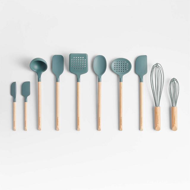 Crate & Barrel Sage Green Silicone & Wood Utensils, Set of 10