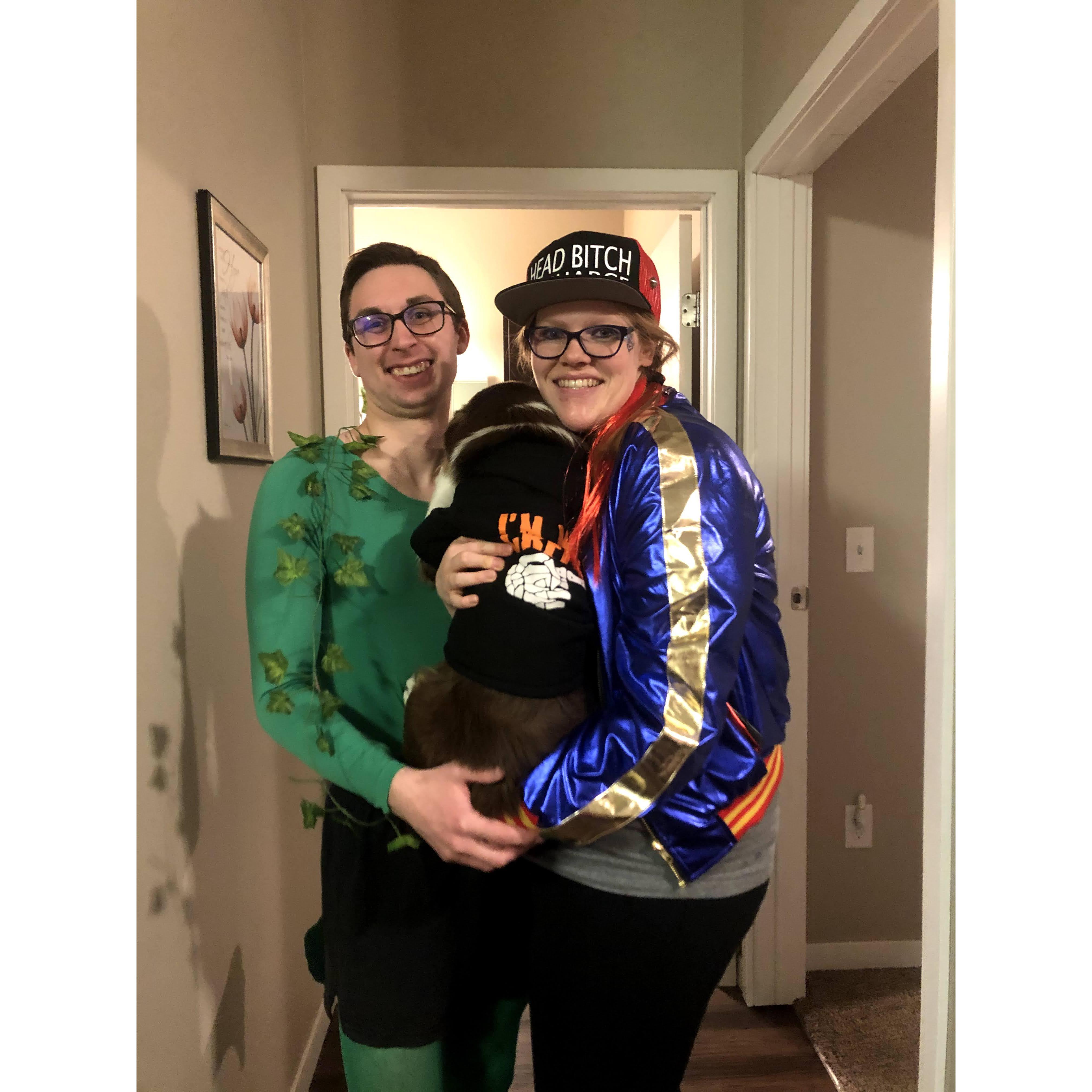 Halloween Bash 2020 -- Riley as Poison Ivy, Andrea as Harlee Quinn, and Cooper as a spooky skeleton!
