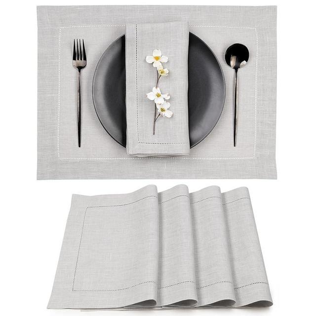 D'Moksha Homes Linen Placemats Set of 4-100% Pure Linen Silver Grey Placemats 14 x 19 Inch - Classic Hemstitch, Washable Silver Grey Placemats for Easter