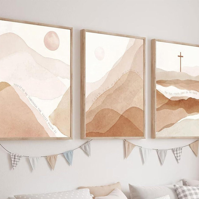 3Pcs Christian Boho Wall Art for Living Room Mid-Century Modern Nordic Print Neutral Scripture Canvas Poster Abstract Sun Mountain Bible Verses Picture Painting Wall Decor for Bedroom 16x24in Unframed