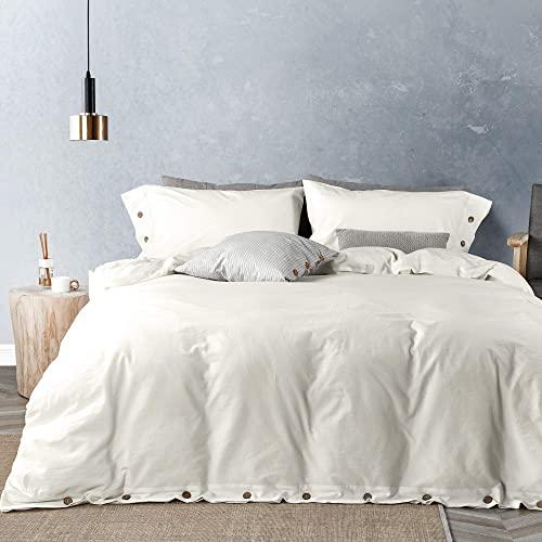 JELLYMONI White 100% Washed Cotton Duvet Cover Set, 3 Piece Luxury Soft Bedding Set with Buttons Closure. Solid Color Pattern Duvet Cover Queen Size(No Comforter)