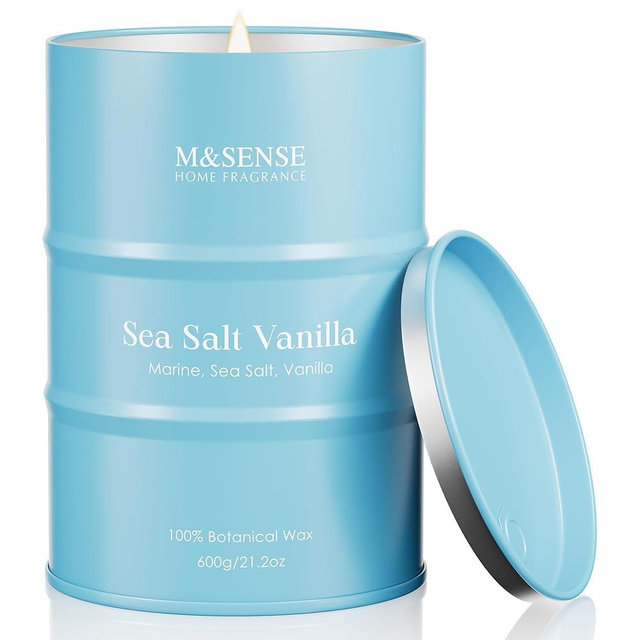 M&SENSE Sea Salt Vanilla Scented Candles Large Beach Candle, Natural Soy Summer Candles 21.2oz 120 Hour Slow Burning,Aromatherapy Candle for Stress Relief Meditation Relaxing