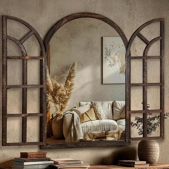 LAWADA Arched Wall Mirror with Wood Window Frame, 38x26 Vintage Rustic Arch Farmhouse Mirror for Wall, Living Room, Bedroom, Entryway(Brown)