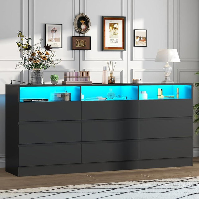 9 Drawer Dresser with Power Outlet, Modern Chest of Drawers with LED Ligh, Wood Dressers TV Stand, Double Wide Dressers Organizer for Closet, Storage Organizer Drawers for Bedroom, Living Room (Black)