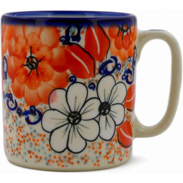 Polmedia Polish Pottery Mug 13 oz UNIKAT - Poppy Passion Pattern Handmade in Boleslawiec Poland by Ceramika Bona + Certificate of Authenticity