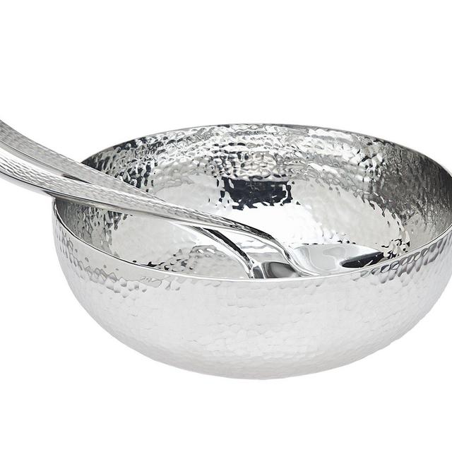 Elegant Hammered Round Stainless Steel Bowl With Italian Matching Servers, Large Silver Serving ‒ Mixing ‒ Salad Bowl, Decorative 11&quot; Inch 3 Piece Fruit And Candy Dish