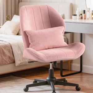 Cross Legged Office Chair With Wheels, Armless Desk Chair With Wide Seat And Tall Back, Ergonomic Curved Seat For Bedroom, Office & Home - Pink