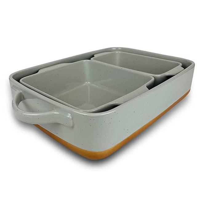 Mora Ceramic Deep Baking Dish Set - 3 Dishes with Handles For Lasagna, Roasting, Baking. Large Casserole 13x9, Square 8x8, and Loaf 8x4 Pans - Porcelain Serving Bakeware from Oven to Table - Grey