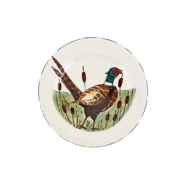 Vietri Wildlife Pheasant Salad Plate, 8.5"" D Earthenware Dessert Appetizer & Sandwich Dish, Small, White