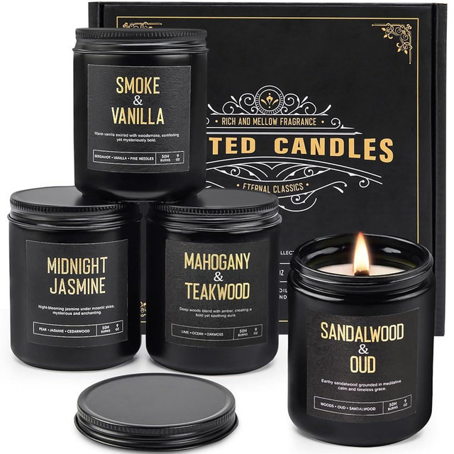 Crackling Wood Wick Candles for Men: 4 Pack 36oz Soy Scented Candles for Home Scented, Up to 200H Burning, Masculine Mens Candle Set, Aromatherapy Candle Gift Set for Fathers Birthday Valentine's Day
