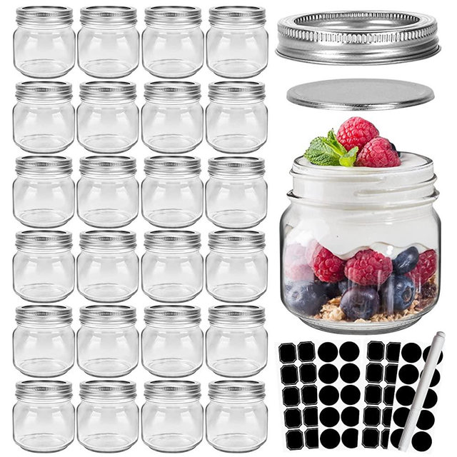 CycleMore 24 Pcs 8oz 250ml 8 oz Clear Glass Mason Jars With Regular Silver Separable Lids, Round Canning Jars Spice Jars for Honey, Jam, Herb, Wedding Favors, Kitchen Storagem, DIY Souvenir