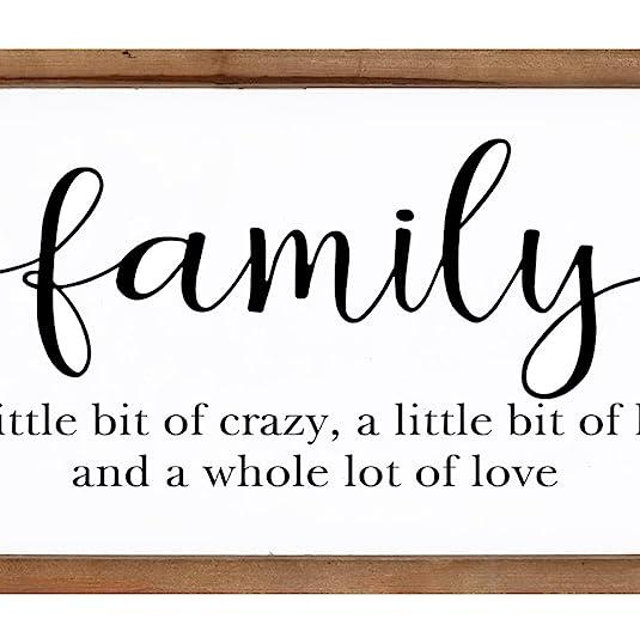 Family Sign for Home Decor, Wood Framed Sign with Family Quote Sayings for Wall, Kitchen, Living Room, Bathroom, Bedroom, Modern Rustic Farmhouse Wall Mounted or Freestanding, Gift for Family