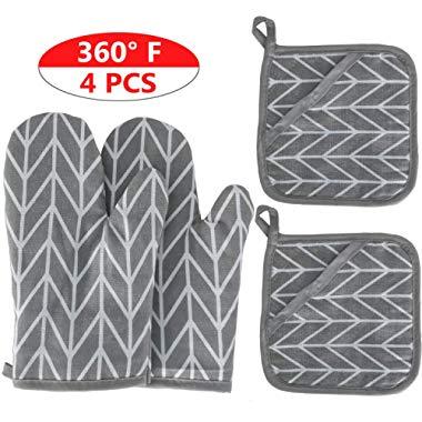 2 Oven Mitts and 2 Pot Holders Set, Soft Cotton Lining with Non-Slip Surface, Heat Resistant Kitchen Microwave Gloves for Baking Cooking Grilling BBQ (Grey)