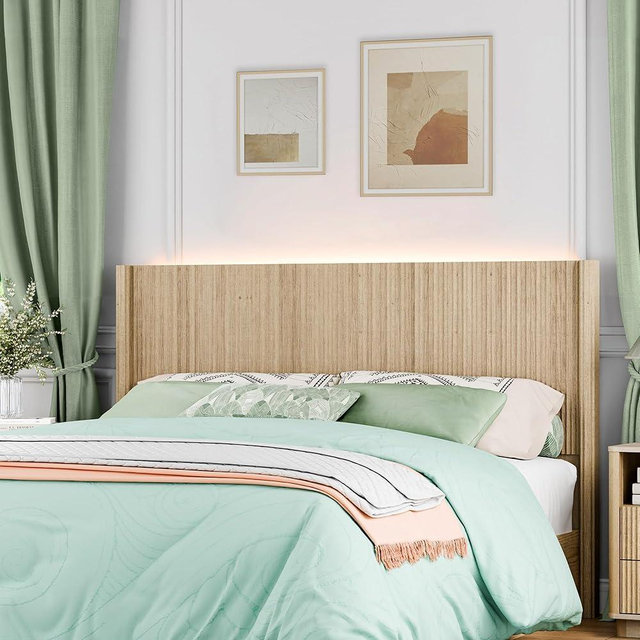 BONITURE Queen Size Headboard Only, Modern Fluted Wall-Mounted Head Board with Lighting, Boho Wood Bed headboard Stylish Bedroom Decor, Natural