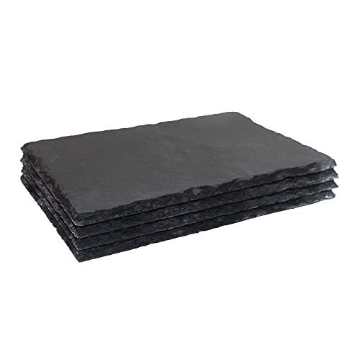 12 x 8" 4 Pack Black Slate Cheese Board Natural Plates for Kitchen Dining Party, MONKEY SUN Placemats Gourmet Serving Tray for Cake Fruit Meat Coaster Edge Appetizers Dried Fruits Display Chalkboard