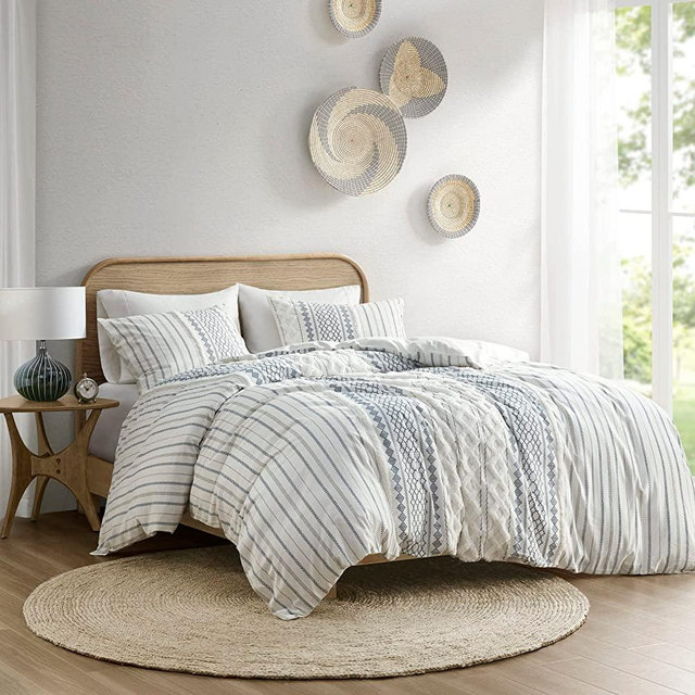 INK+IVY Imani 100% Cotton Comforter Mid Century Modern Design Chenille Tufted All Season Bedding Set, Matching Shams, Full/Queen Geometric Prints Navy 3 Piece