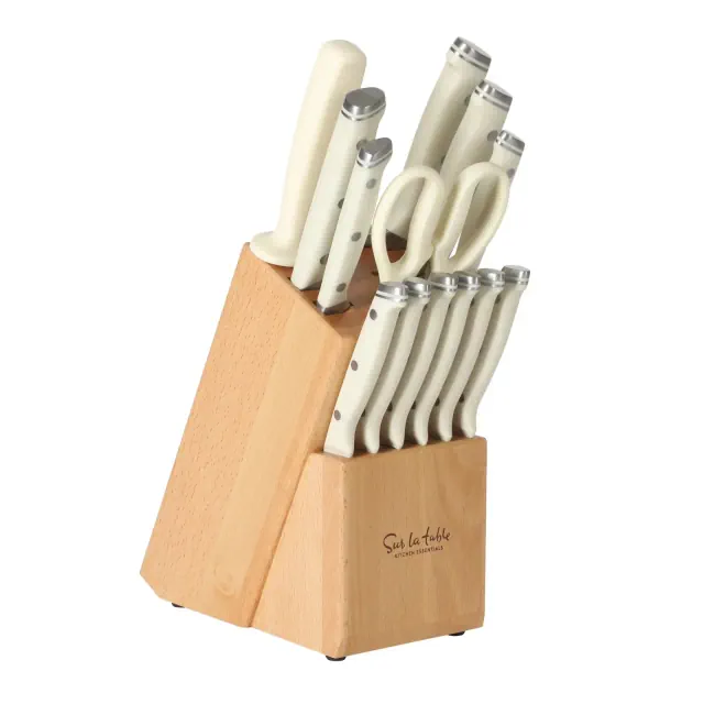 Sur La Table Kitchen Essentials 14 Piece Cutlery Set, German Steel Forged Knives Set, Block, Chef, Santoku,Bread, Steak Knives, Shears-White