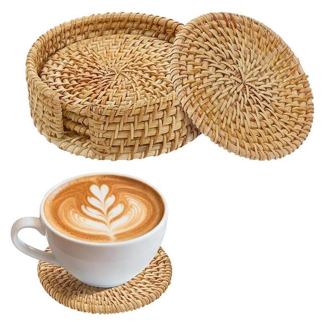 4pcs Natural Handmade Rattan Coasters with Holder - Wicker Drink Coasters Set for Protecting Table, Housewarming Gifts Boho Fall Home Decor
