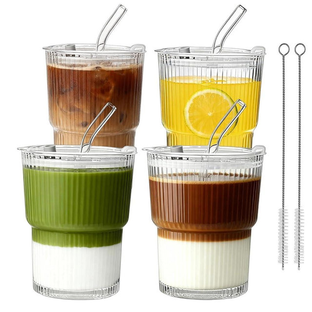 Glenkach Ribbed Glass Tumbler with Lid and Straws, Resuable Ice Coffee Cups, To Go Drinking Glassware for Smoothie, Matcha, Iced Tea, Fruit, Juice, Cold Beverages, Clear, 13oz, Set of 4