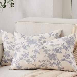 100% Cotton French Pastoral Lumbar Throw Pillow Covers Set of 2, 12x20 Inch Double Sided/Blue, Farmhouse Decorative Cushion Covers for Sofa Bed Living Room Home Decor