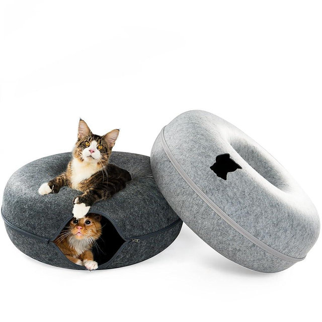 Cattasaurus Peekaboo Cat Cave, Extra Spacious for Multiple & Large Cats 12+ lbs, Scratch Detachable Beds for Indoor Cats, Washable Tunnel Bed, Comfy Cat Donut Tunnel (Light Gray+Dark Gray, Jumbo)