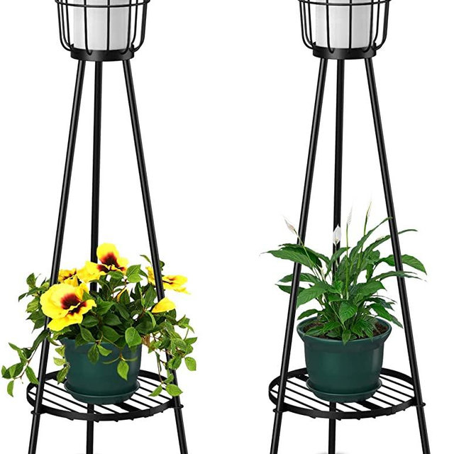 Metal Solar Floor Lamps Outdoor with Plant Stand, 2 Pack Waterproof Solar Lantern Lights for Patio Deck Yard Garden Porch (Black)