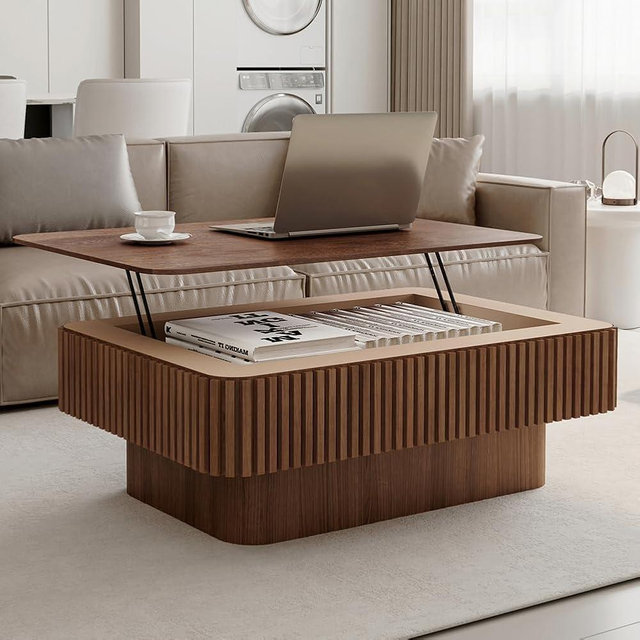 Lift Top Coffee Table with Storage for Living Room Mid Century Modern Coffee Table with Lifting Top Wood Fluted Coffee Tables with Lifts Up Tabletop for Home Apartment Office 38.6" Walnut Rectangle