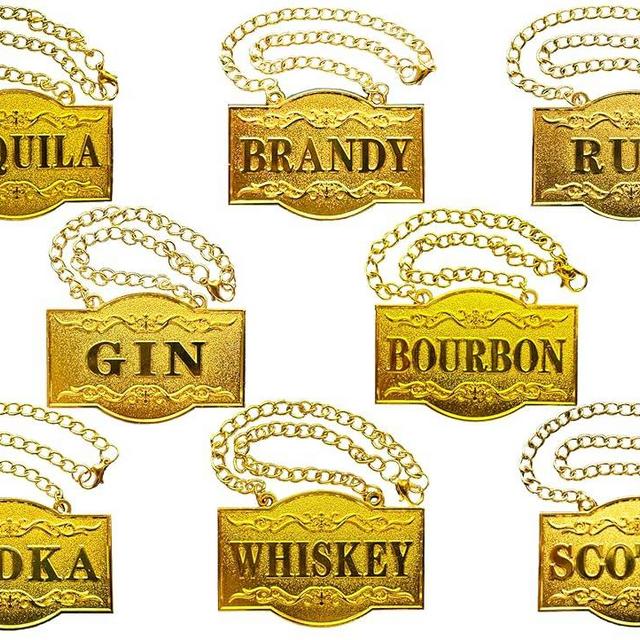 Decanter Tags - Liquor Tags (Set of 8, Golden Colour) Liquor Decanter Label:Gin, Vodka, Bourbon, Whiskey, Brandy, Rum, Scotch, Tequila - Tags for Liquor bottle, Adjustable Chain, 2.36 x 1.57 inches
