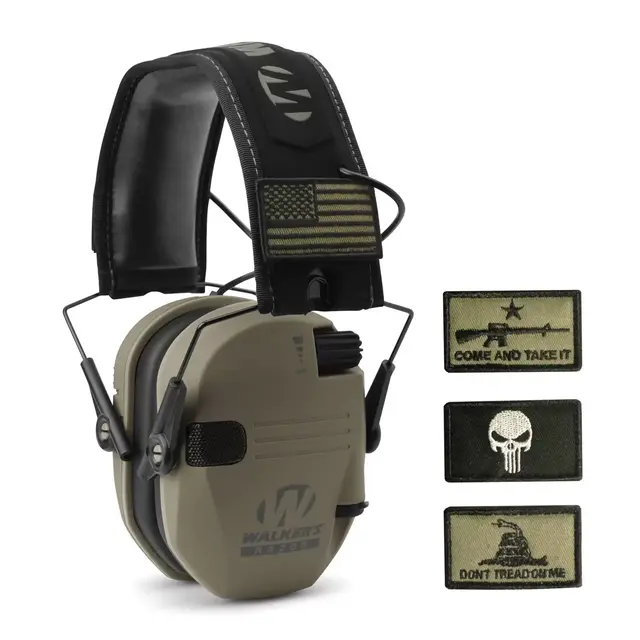 Walker's Razor Slim Patriot Electronic Earmuffs (NRR 23dB) Flat Dark Earth with Free Patch Kit