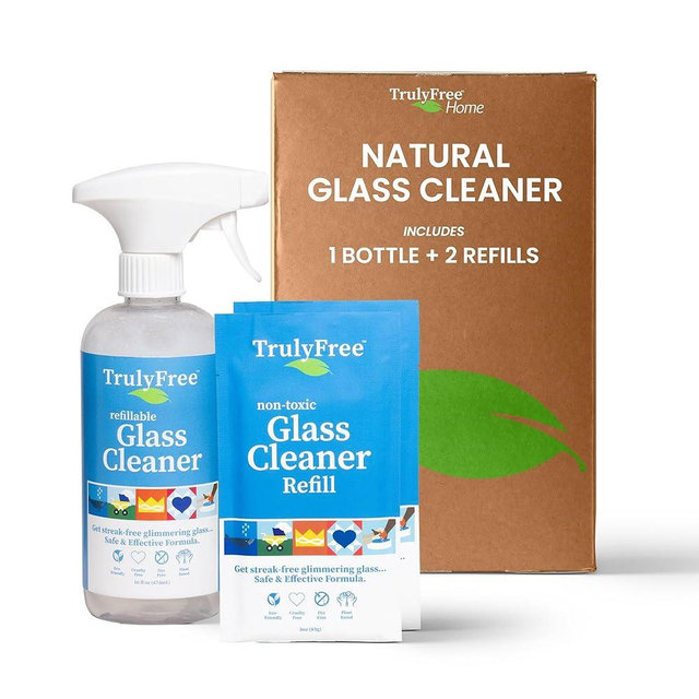 Truly Free Natural Glass Cleaner Spray- Removes Dirt & Debris for Sparkling Clean Windows & Glass Surfaces at Home, Office & Garage, Includes: 1 Refillable Empty Bottle (16oz) & 2 Refills (3oz ea)