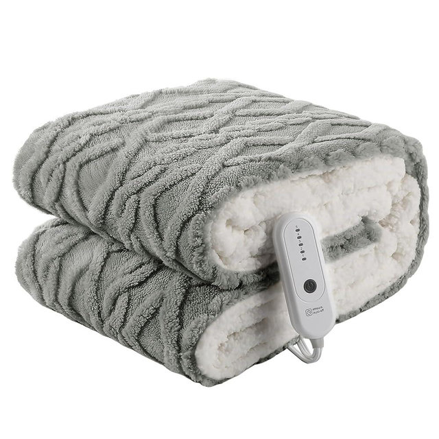 Heated Blanket Electric Throw 50''X60''-Fluffy Ultra Soft Electric Blanket with 3D Stylish Design, 240g Plus 200g Sherpa, 5 Heating Levels and 4 Hours Auto Off, Machine Washable, Gray