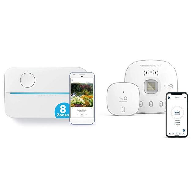 Rachio 3 Smart Sprinkler Controller, 8 Zone 3rd Generation & Chamberlain Smart Garage Control - Wireless Garage Hub and Sensor with WiFi & Bluetooth - Smartphone Controlled, White