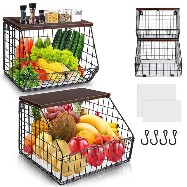 Mefirt 2pcs Fruit Basket Onion Storage Wire Baskets with Wood Lid,  Stackable Wall-Mounted Tiered Kitchen Organizers and Storage for Snack,  Fruit and