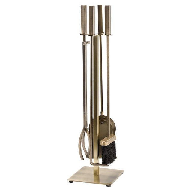 Modern Ember Harriet Fireplace Tool Set in Aged Brass - Includes Brush, Shovel, Fire Poker, Tongs, and Stand - Steel Construction
