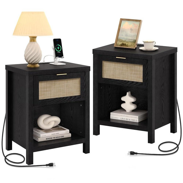 SICOTAS Black Nightstands Set of 2 with Charging Station - Boho Rattan Night Stand with Drawer, Modern Bedside Table with USB and Type-C Ports, Bed Side Tables for Bedroom, Black Oak, 2 PCS