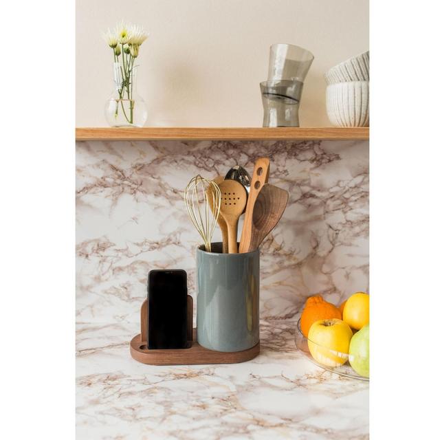 Stak Ceramics Baker Phone Stand Utensil Holder Gloss Charcoal Gray and Walnut Wood