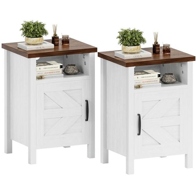 YESHOMY Farmhouse Modern Nightstand with Shelf and Barn Door, Set of 2 for Bedroom, White